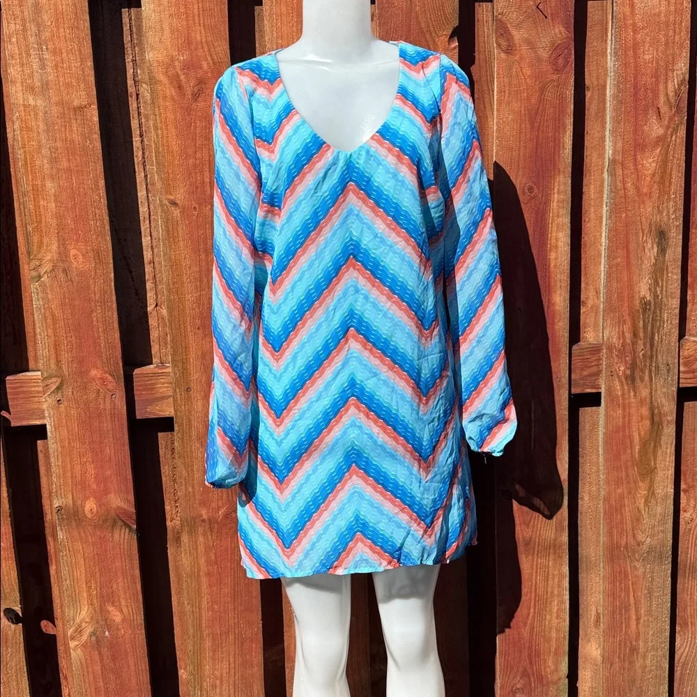 Xtraordinary Blue, Turquoise & Coral Zigzag Long-Sleeve Dress Size M - Picture 2 of 8